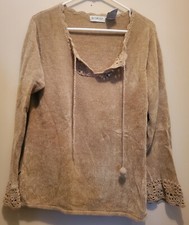 White Stag Tan Woman's V-Neck Pull Over Sweater w/ Front Ties; Size L 12-14