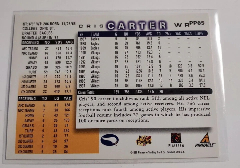 1998 Score Cris Carter PP85 Artest Proof SP Minnestoa Vikings - Image 2 of 2