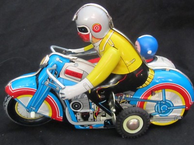 Vintage Collectible Motorcycle With Sidecar Wind-Up Tin Toy