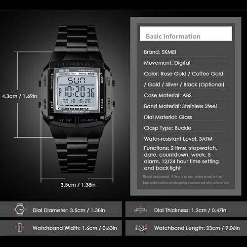 1381 Männer Digitaluhr Mode Lässig Sport Armbanduhr 2 Zeit 5 Alarme 3 ATM Silber - Bild 10 von 11