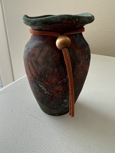 RAKU POTTERY VASE Handmade in Arizona 5" Tall | Leather Trim - Picture 2 of 9