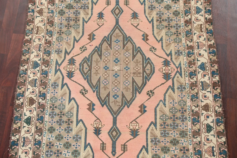 Vintage PINK Geometric Hamedan Area Rug Tribal Hand-knotted Oriental Carpet 5x6 - Image 3 of 4