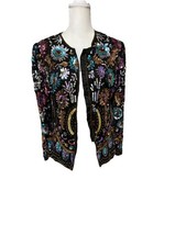 VTG Laurence Kazar Jacket 100 Silk Size M-L Sequin Beaded Floral Holiday Party
