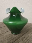 VTG MCM FENTON Green Ivy Overlay Ruffled Handblown Glass Vase White Interior 5.5
