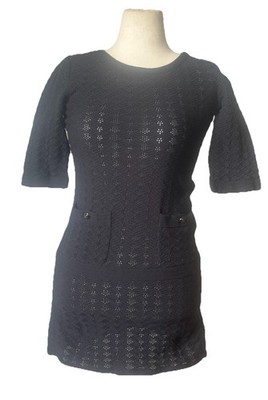 Chanel Black Knit Dress CC Logo Buttons Textured Stretch Mini Sz 38 US 6-8