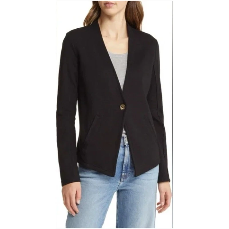 Chaqueta Blazer Caslon Tejida Marrón Un Botón Sin Solapa con Bolsillos Minimalista M Foto 2 de 4