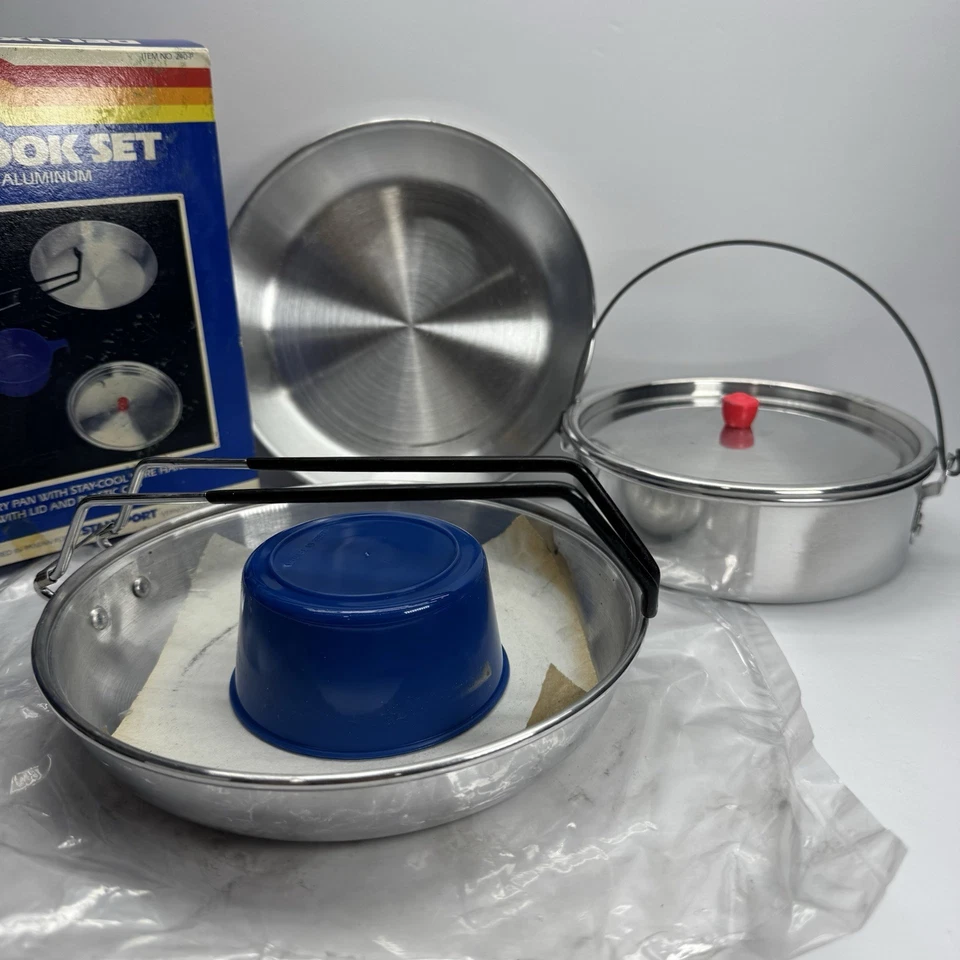 VINTAGE NOS Stansport Aluminum Cook Set 5 Pc Nesting Cooker Pan Pot Cup No.240-P - Image 2 of 4