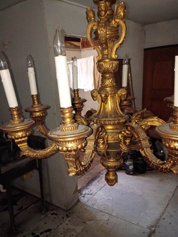 19th C Antique Italian Rococo Baroque Gilt Bronze  Crystal 6 Arm Chandelier