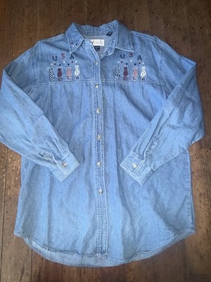 Casual Corner annex Red white and blue USA cats Denim shirt Size medium