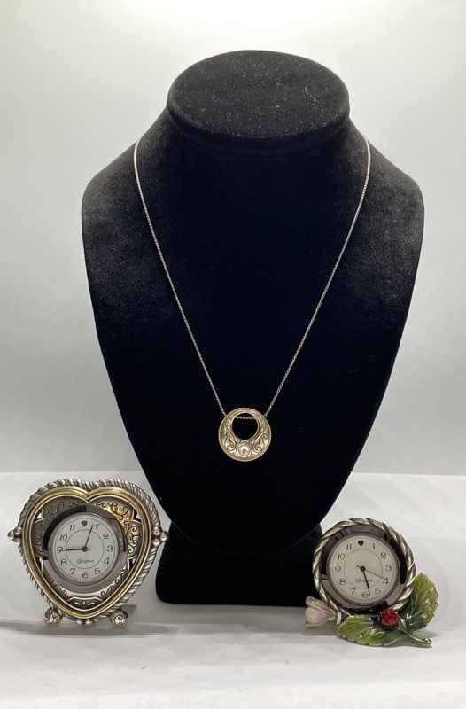 Brighton 3 Piece Lot Necklace 2 Mini Desk Clocks Heart Ladybug Silver Gold Tone