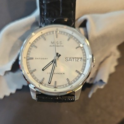 MIDO Commander Automatic Day/Date Swiss Made Silver Dial Black Leather Strap