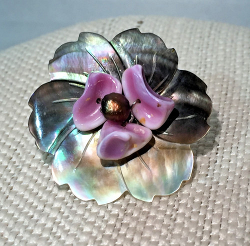 Vintage Handmade Abalone Iridescent Shell Pansy Flower Ring Size 7!