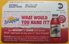 Snapple, NYC MetroCard -Expired Mint condition