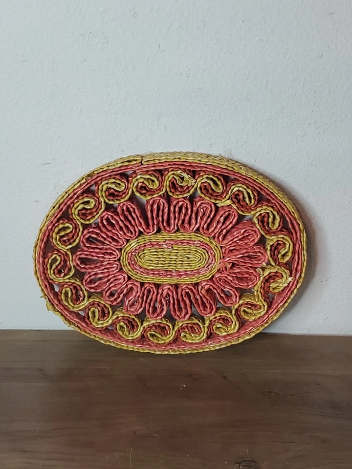 1 Vintage Wicker Trivet Oval Hot Pad Pot Holder Rattan Raffia Peach Boho Shabby - Image 3 of 4