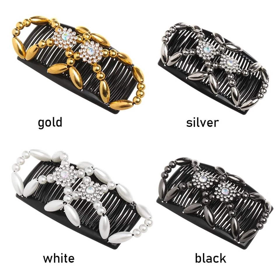 Crystal Stretch Beaded Hair Clip Magic Hair Comb Double Comb Elastic Hairpin - Image 3 of 4