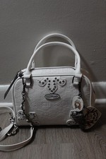 Ed Hardy White Small Skull Handbag with Decorative Tags and Embossed Design
