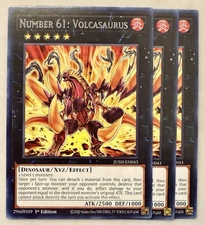 Yugioh! 3x Number 61: Volcasaurus JUSH-EN043 Rare 1st Ed NM