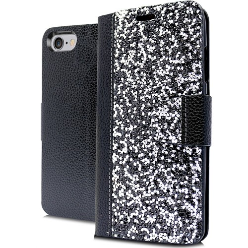 "GSA Rock Bling Wallet Case for iPhone SE/8/7 - Black/Silver Glam" - Picture 1 of 1