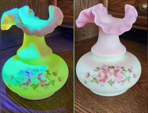 Fenton Uranium Burmese Hand-painted & Signed Ruffle Vase - Bright Glow!
