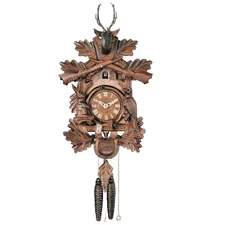 River City 1 Day Hunter's Hand-Carved Leaves Animals Rifles 16" Cuckoo Clock