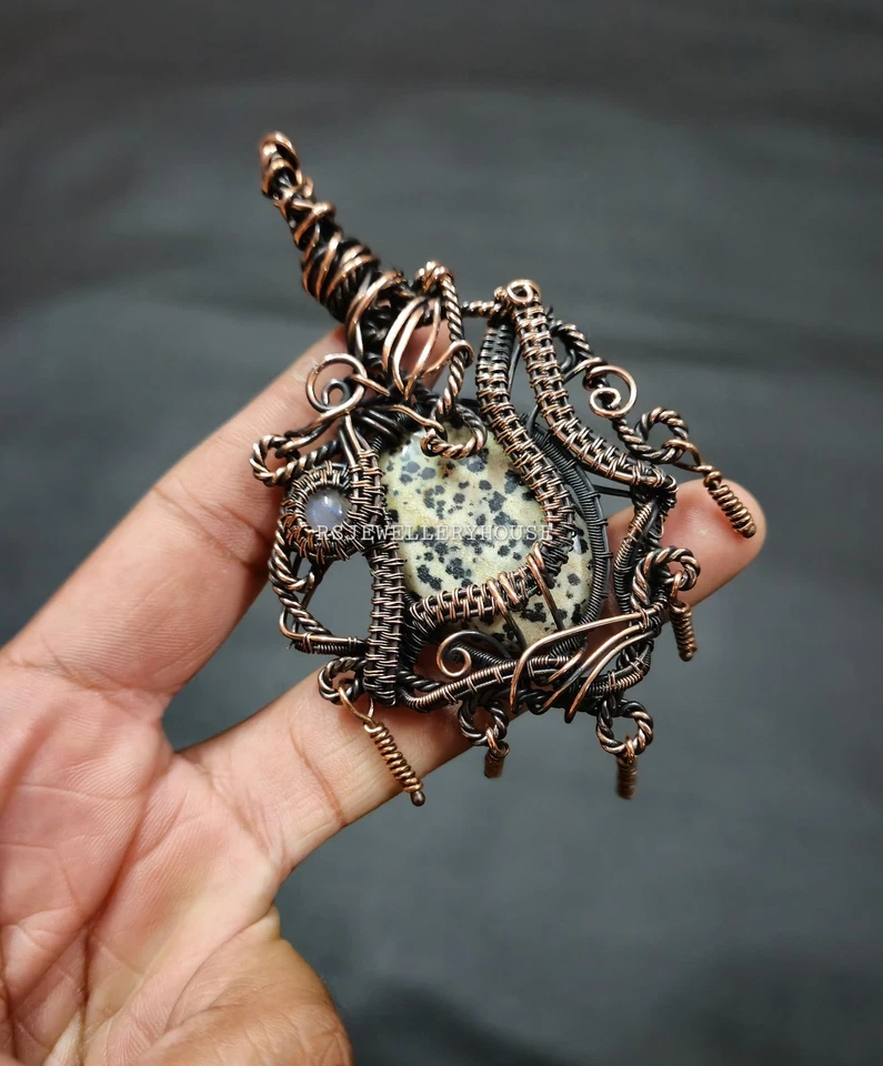 Colgante de jaspe dálmata piedras preciosas alambre de cobre envuelto colgante joyería para regalo Foto 2 de 4