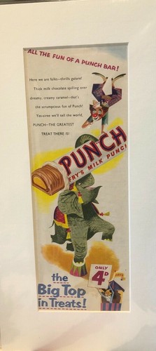 Original Vintage mattiert 1953 Konfekt Reklame Bratenmilch Punsch & Zirkus