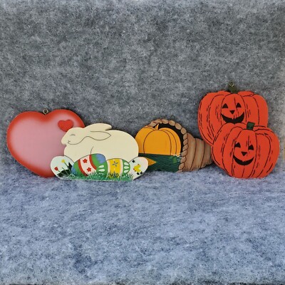 VTG Wooden Holiday Decor Set Of 4 Easter Bunny Pumpkins Heart Cornucopia 1980s