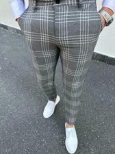 Men's Casual Pants Gray Checkered Plaid Stretch Slim Fashion Checker Trendy Grey
