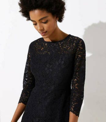 New Ann Taylor LOFT Fit Flare Black Lace Cut Out Back 3/4 Sleeve Mini Dress  2 | eBay