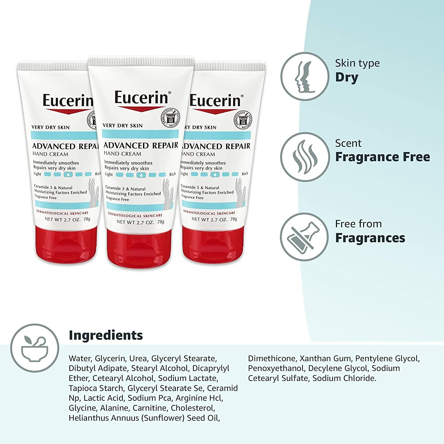 3PK EUCERIN ADVANCED REPAIR HAND CREAM For VERY DRY SKIN  2.7each