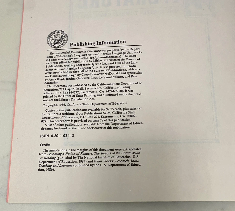 Vintage 1986 Recommended Readings in Literature K- Grade 8  CA State Dept of Ed - Image 4 of 4