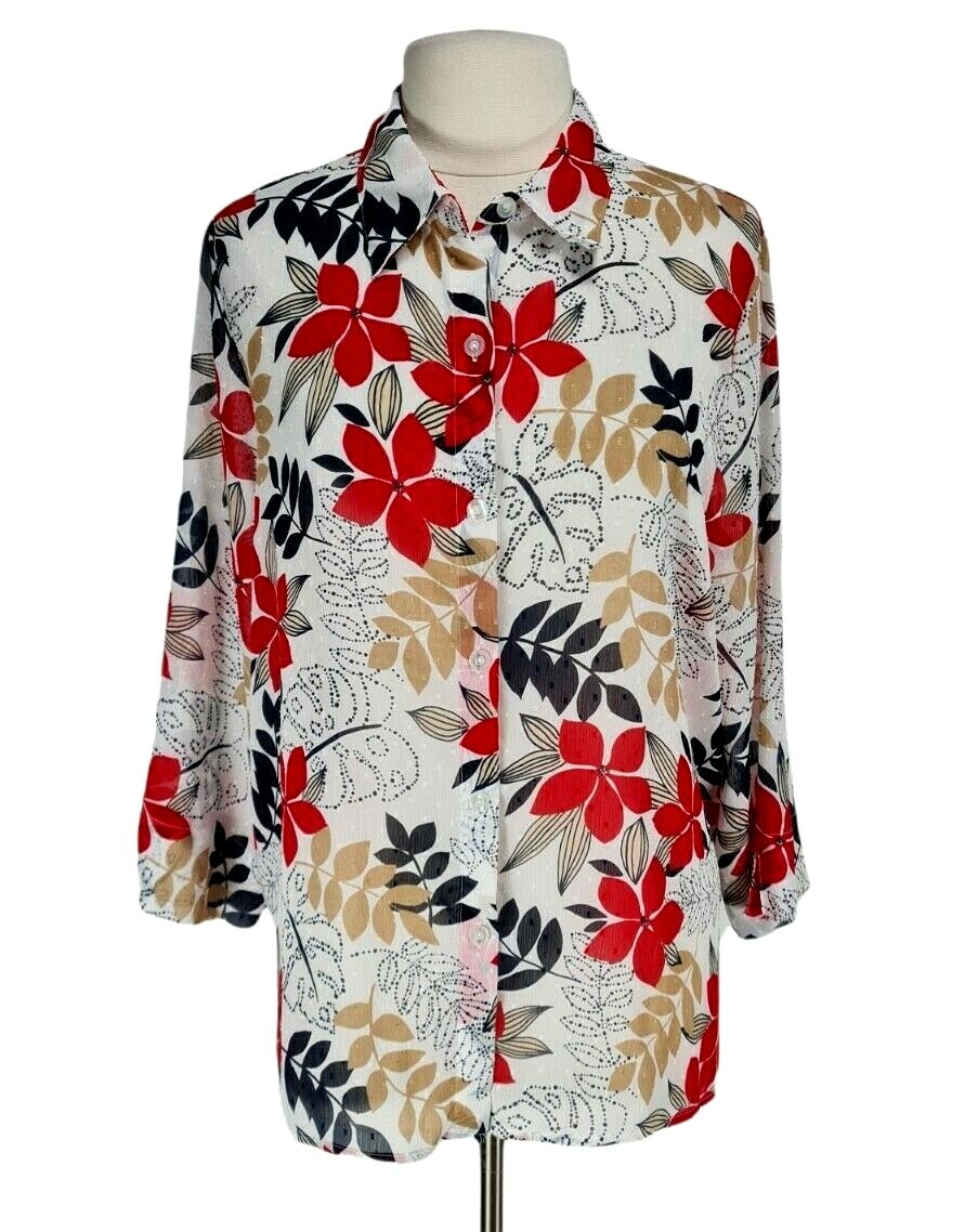 Alfred Dunner Floral Chiffon Sheer Button-Up Blouse Women's Size 16 No Camisole