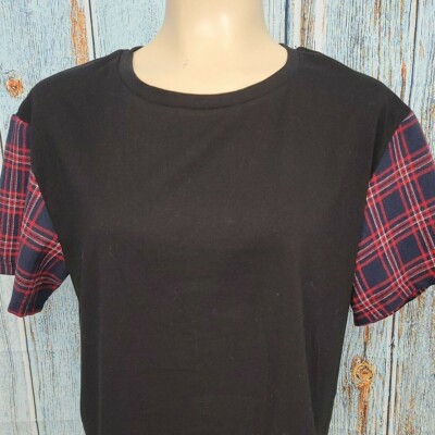Romwe Tops Womens Size L 8/10 Plaid Short Sleeve Crew Neck Boxy Cropped Top NEW