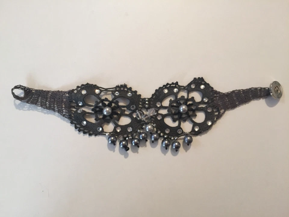 choker jewelry woman necklace gray collier macramè embroidered collar grey pearl - Image 2 of 4