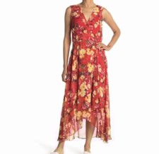 Calvin Klein Dress Womens 4 Red Orange Floral Sleeveless Lined Long Hi Low NWT