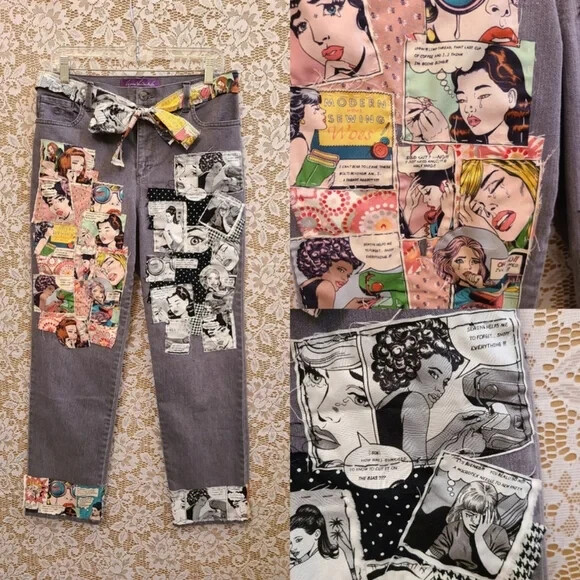 Upcycled Sewing Comic Patchwork Denim Jeans Glori… - image 1