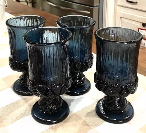 Set of 4 Fostoria Sorrento Blue 6" Water Goblet Heavy Pressed Glass
