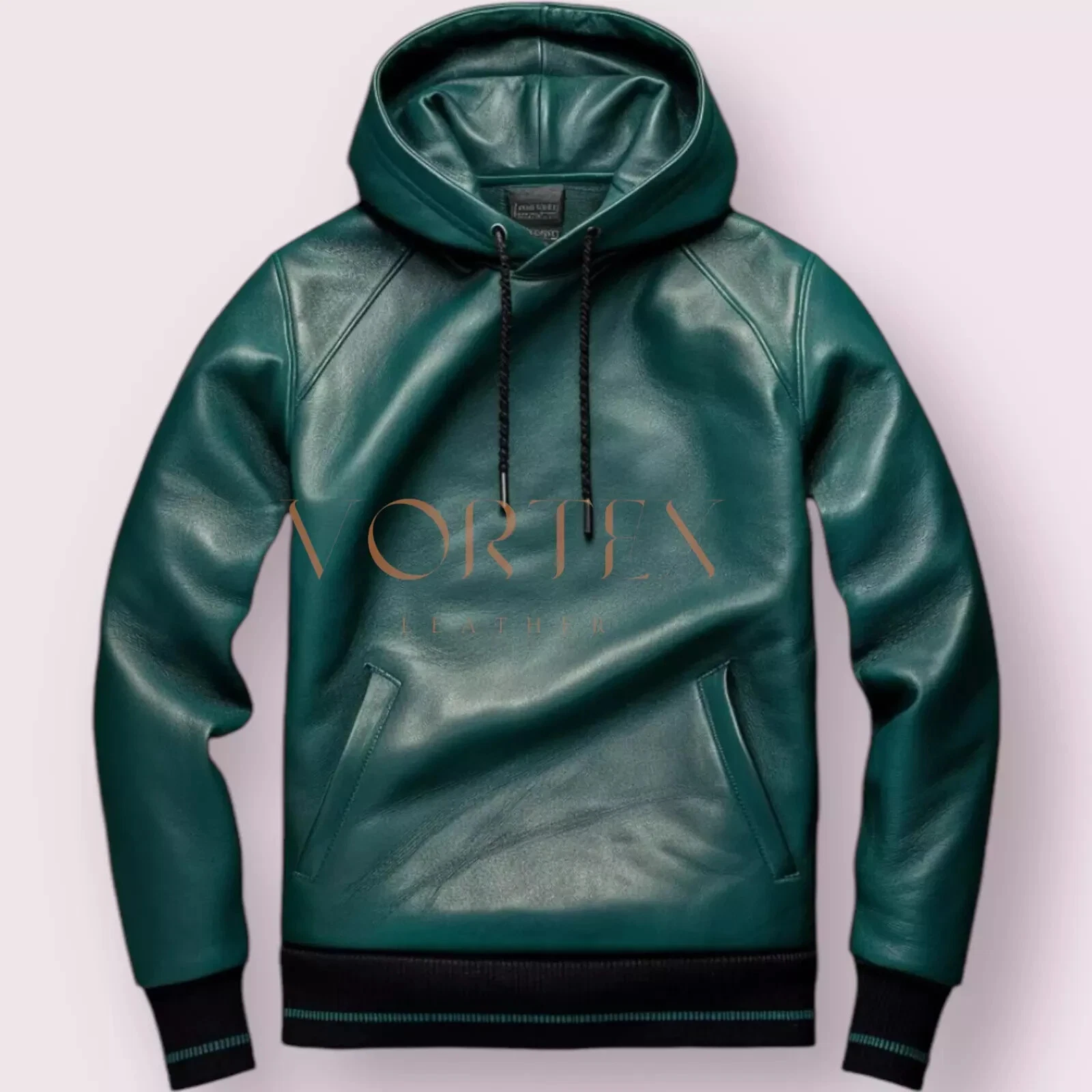 Men's Green Pullover Leather Hoodie Pure Lambskin Leather Hoodie Classic Style