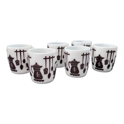 Hazel Atlas Kitchen Aids Set of 6 Coffee Mugs Milk Glass w Brown Graphics 3022