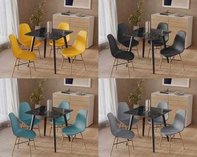 Moderner schwarzer Keramik Esstisch mit 4-teiliger Lounge Stühle Set mit Massivholzbeinen
