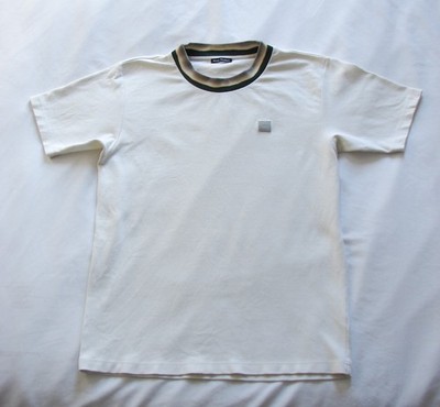 Men's Acne Studios Face Patch T Shirt L White Striped Collar Logo Made Portugal