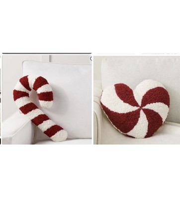 Bundle 2 Pottery Barn Peppermint Swirl Heart Candy Cane Shaped Pillows NWT