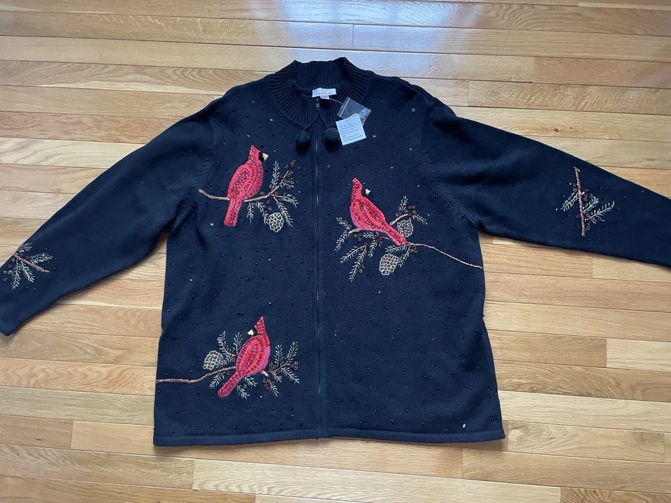 Quacker Factory Embroidered Full Zip Sequins Cardinal Sweater sz 2X NWT Cardigan - Image 4 of 4
