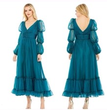 Mac Duggal Womens 14 Teal Chiffon Bubble Puff Sleeves Midi Aline 68254 Dress