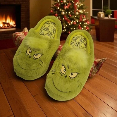 DIVAS WORLD The Grinch Plush Slippers – Green Furry House Shoes, Xmas Cosy Flip Flops |