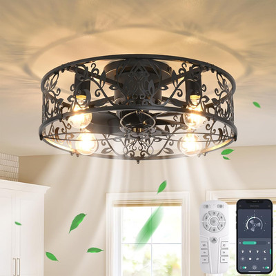 Bladeless Caged Ceiling Fan with Light & Remote, 20'' Low Profile Black Fandelier