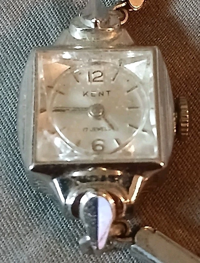复古 Kent 镀白金 17 珠宝瑞士女士手表!Runs! — 第 3/4 张图片