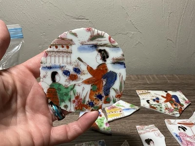 Hand Painted Vintage Orange Kutani Geisha Floral Tiles Large Mosaic Tiles - Image 1 of 4