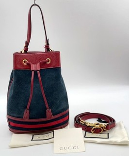 Auth Gucci Sherry Line Suede Navy Red 550621 Drawstring 2Way Bag W/Bag NS080422
