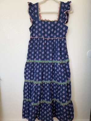 PrintFresh Boho Dunmore Dress In The Navy Glass Flower Print Mid Length Size M